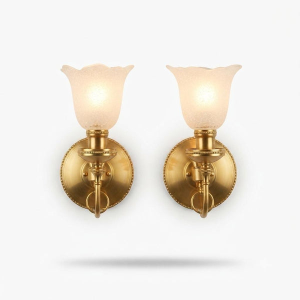 Vintage Brass Wall Sconces, Frosted Textured Tulip Glass Shades, Pair