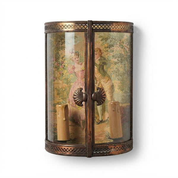 Antique Curved Glass Wall Lamp, Brass Fretwork Vitrine Sconce with fabric Garden Scene, Twin Candle-Form Lights