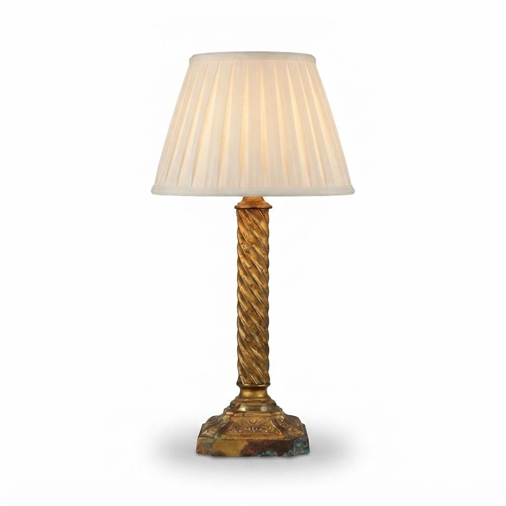 Antique Brass Table Lamp, Twisted Rope Column on Embossed Hexagonal Base, New Shade Included