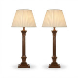 Pair of Antique Brass Corinthian Column Table Lamps, Fluted Column Lamps with New Pleated Shades