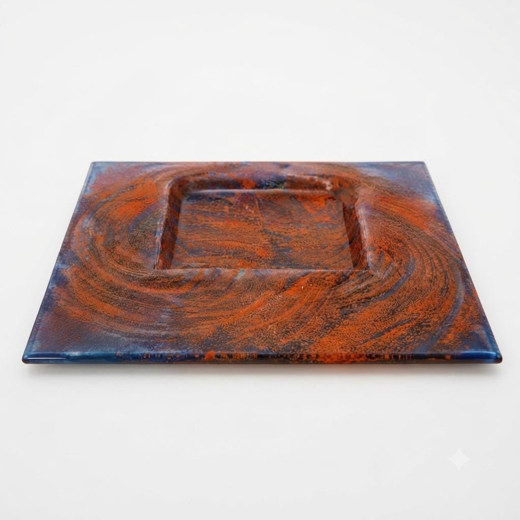 Abstract Art Glass Decorative Plate, Blue Copper Amber Swirl Design, Sculptural Centerpiece Tray