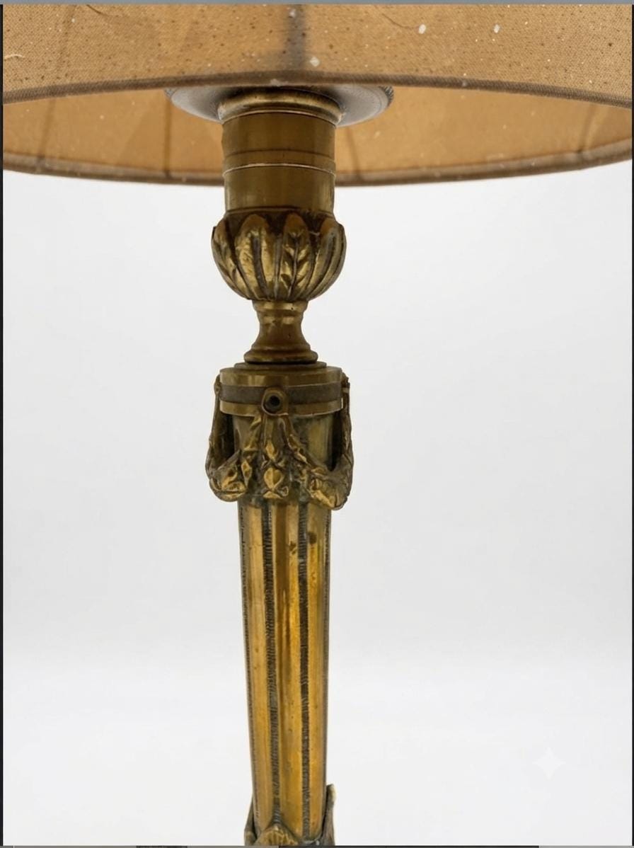 Antique Brass Table Lamp Base, Fluted Column with Urn Capital and Figural Relief Base