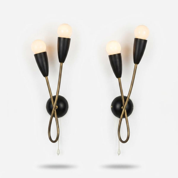 Pair of Mid-Century Atomic Sputnik Wall Sconces, Brass Loop Sconces with Black Cone Shades, Space Age Style