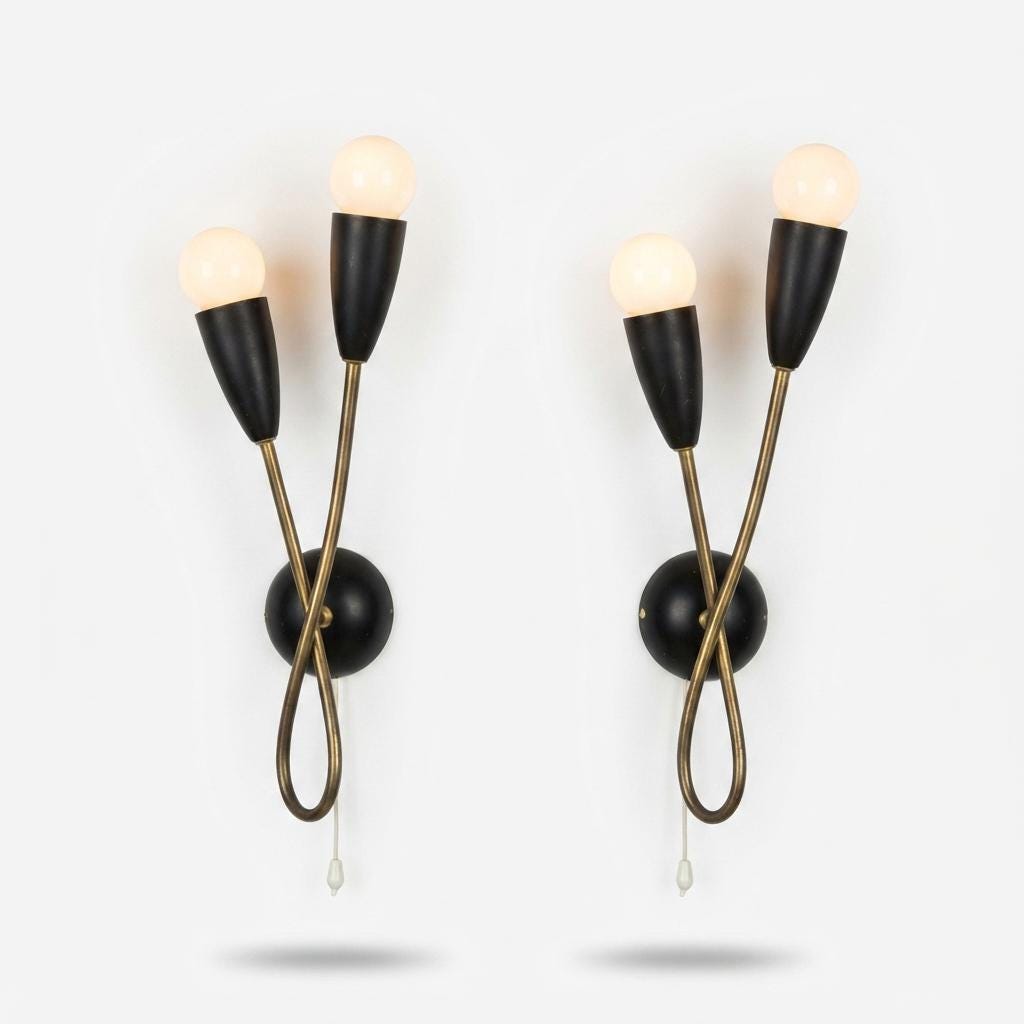 Pair of Mid-Century Atomic Sputnik Wall Sconces, Brass Loop Sconces with Black Cone Shades, Space Age Style