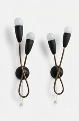 Pair of Mid-Century Atomic Sputnik Wall Sconces, Brass Loop Sconces with Black Cone Shades, Space Age Style