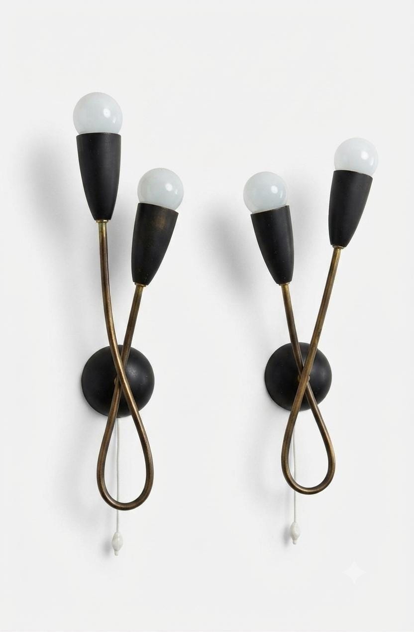 Pair of Mid-Century Atomic Sputnik Wall Sconces, Brass Loop Sconces with Black Cone Shades, Space Age Style