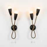Pair of Mid-Century Atomic Sputnik Wall Sconces, Brass Loop Sconces with Black Cone Shades, Space Age Style