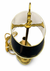 Antique Brass Bouillotte Lamp, Oval Base Two-Light Lamp with Black Tole Shade and Ring Finial