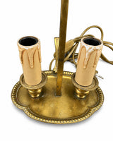 Antique Brass Bouillotte Lamp, Oval Base Two-Light Lamp with Black Tole Shade and Ring Finial