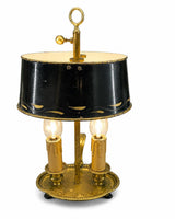 Antique Brass Bouillotte Lamp, Oval Base Two-Light Lamp with Black Tole Shade and Ring Finial