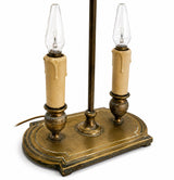Antique French Bouillotte Lamp, Green Tole Rectangular Shade with Gilt Leaf Border, 19th Century, Two-Light