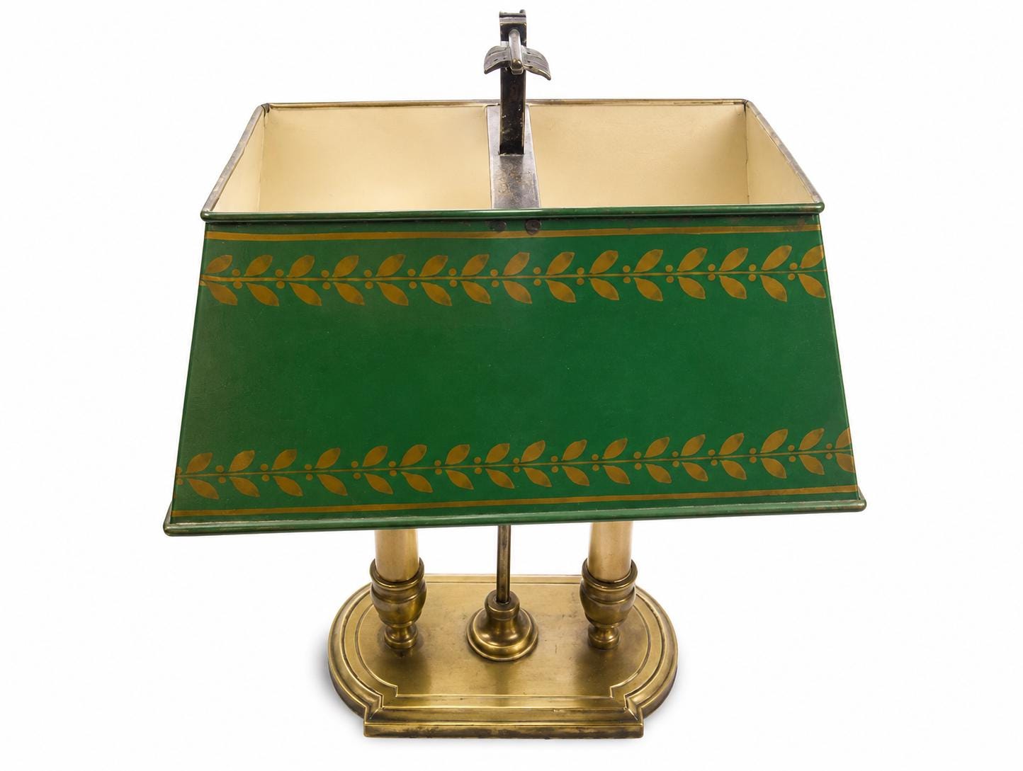Antique French Bouillotte Lamp, Green Tole Rectangular Shade with Gilt Leaf Border, 19th Century, Two-Light