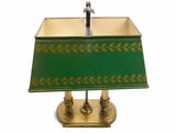 Antique French Bouillotte Lamp, Green Tole Rectangular Shade with Gilt Leaf Border, 19th Century, Two-Light