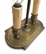 Antique French Bouillotte Lamp, Green Tole Rectangular Shade with Gilt Leaf Border, 19th Century, Two-Light