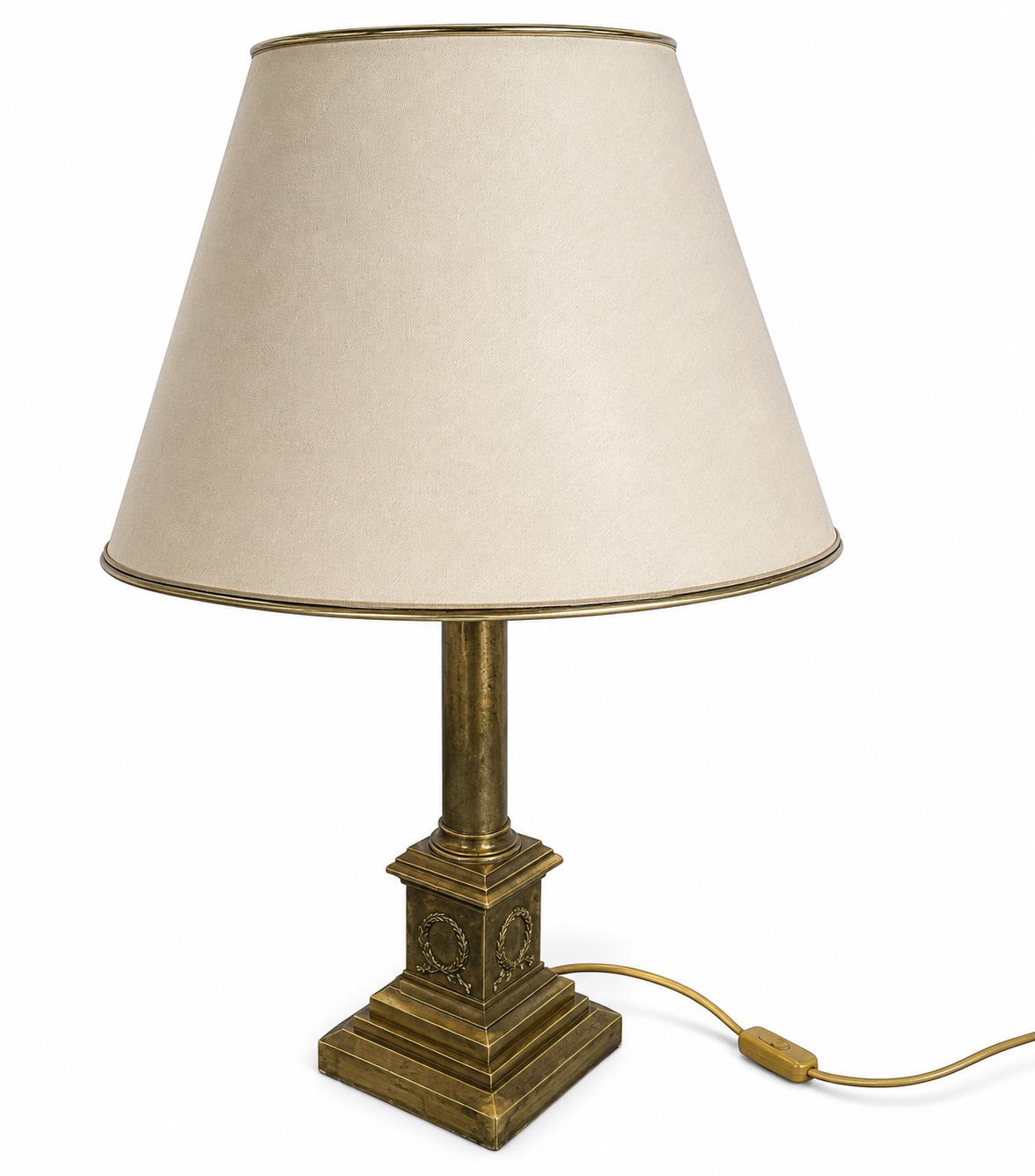 Empire Style Brass Column Table Lamp, Laurel Wreath Base, 1980s Desk or Living Room Lamp