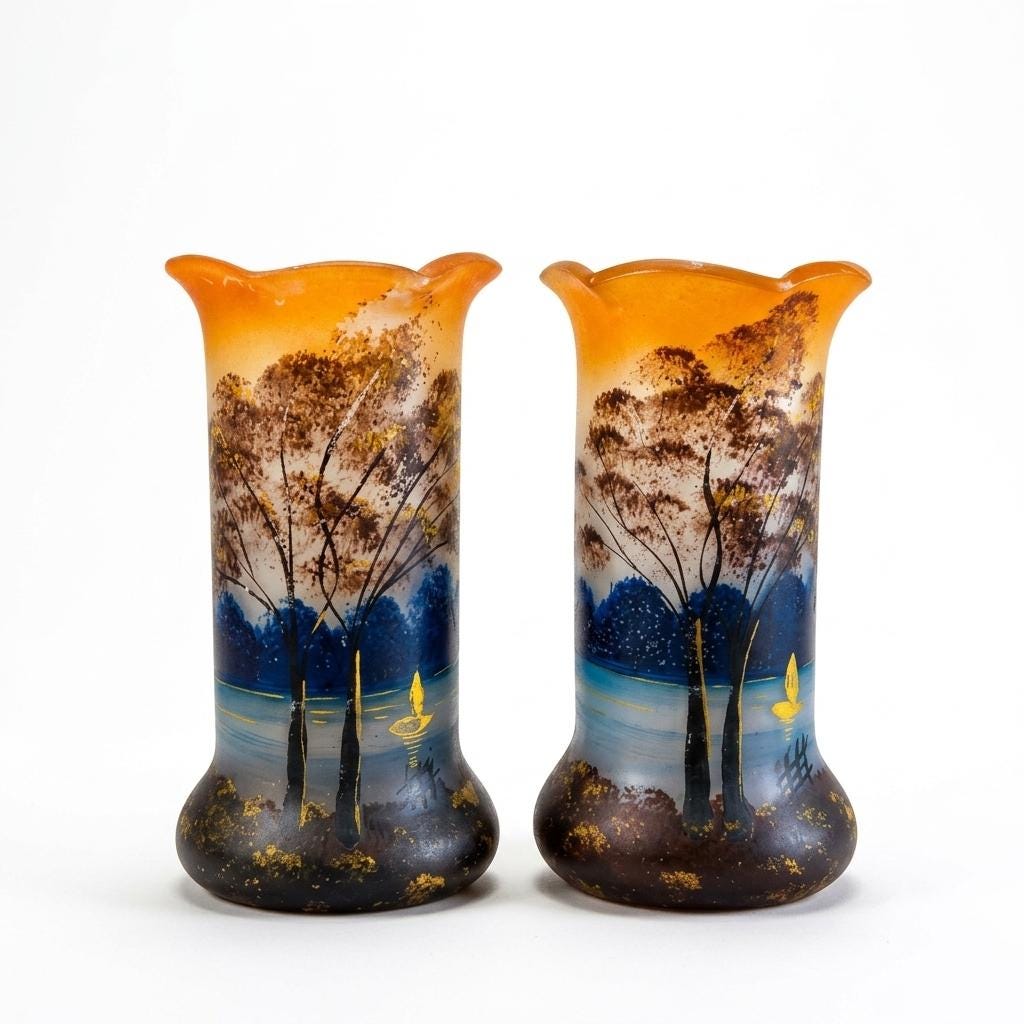 Antique Satin Glass Vase Pair, Hand-Painted Enamel Landscape — French, circa 1900