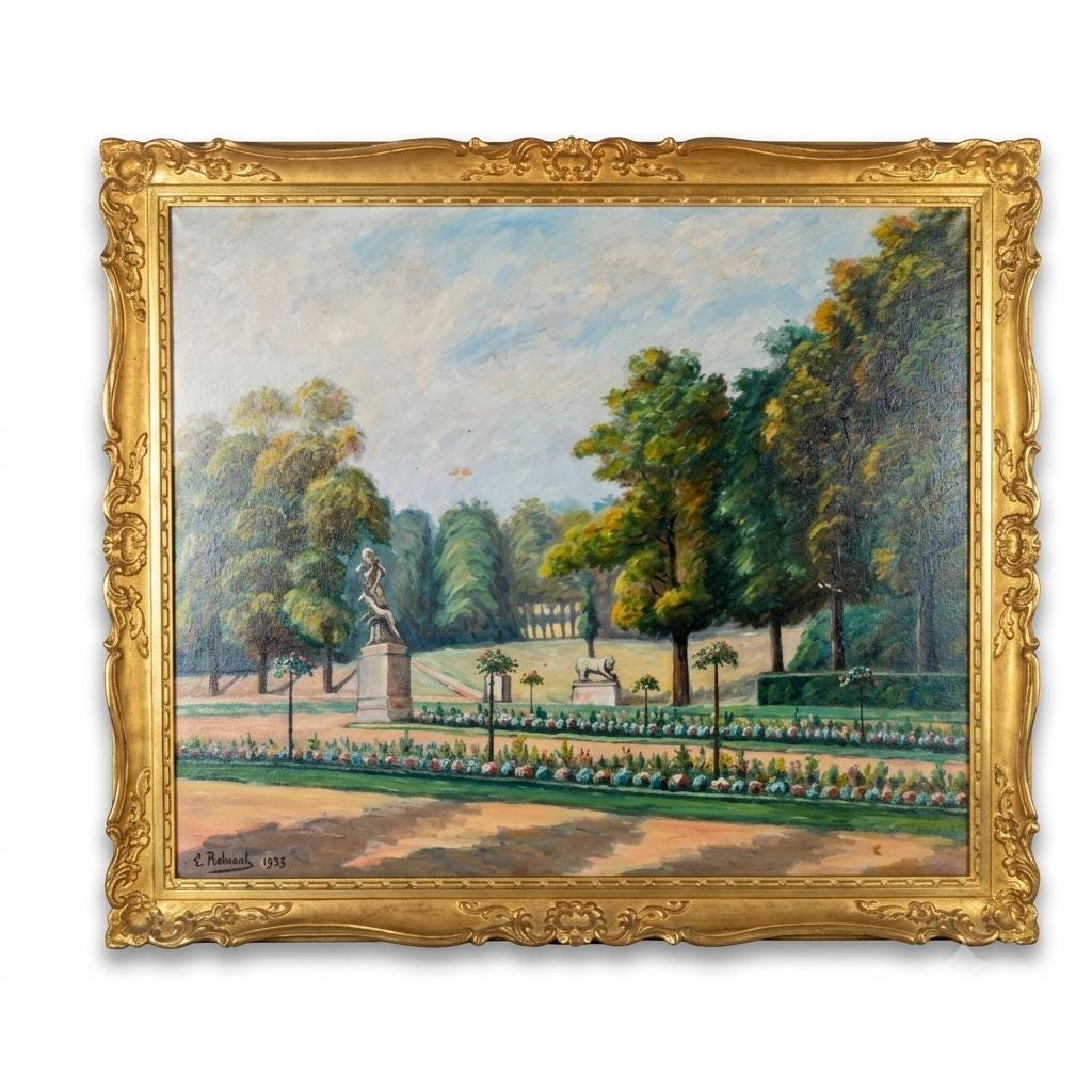 Antique French Garden Landscape Oil Painting, Signed E. Robinet 1935 — Gilt Framed