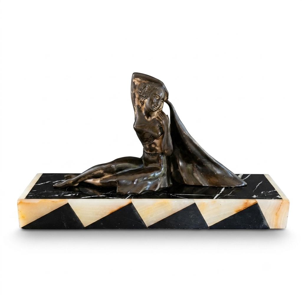 Art Deco Spelter Sculpture, Seated Woman on Chevron Marble Base — French, 1920s