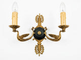Pair of Antique Bronze Wall Sconces, Two-Arm Sconces with Scrolled Bird-Form Arms and Fan Motif