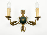 Pair of Antique Bronze Wall Sconces, Two-Arm Sconces with Scrolled Bird-Form Arms and Fan Motif