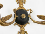 Pair of Antique Bronze Wall Sconces, Two-Arm Sconces with Scrolled Bird-Form Arms and Fan Motif