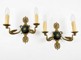 Pair of Antique Bronze Wall Sconces, Two-Arm Sconces with Scrolled Bird-Form Arms and Fan Motif