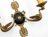 Pair of Antique Bronze Wall Sconces, Two-Arm Sconces with Scrolled Bird-Form Arms and Fan Motif