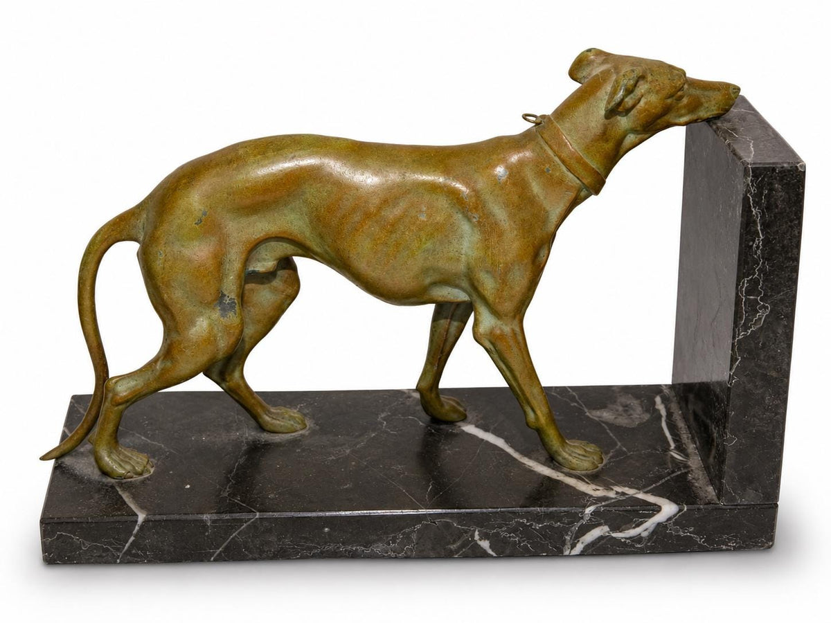 Pair of Art Deco Greyhound Bookends, Régule Dog Figures with Bronze Patina on Black Marble Bases