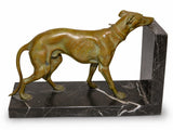 Pair of Art Deco Greyhound Bookends, Régule Dog Figures with Bronze Patina on Black Marble Bases
