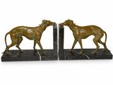 Pair of Art Deco Greyhound Bookends, Régule Dog Figures with Bronze Patina on Black Marble Bases