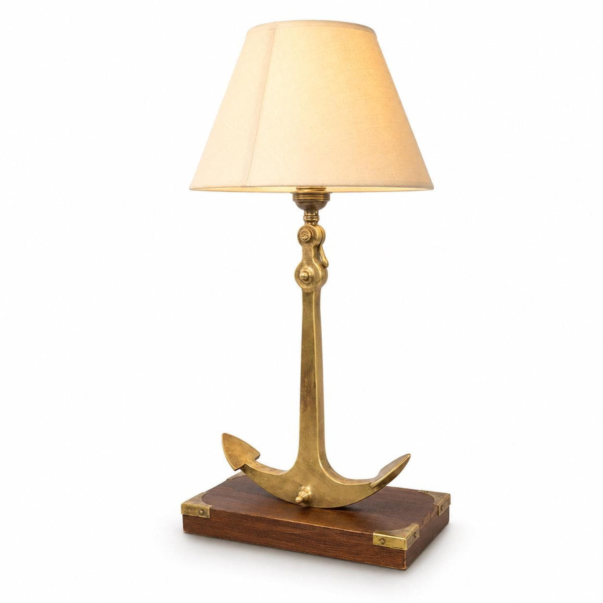 Bronze Anchor Table Lamp, Wood Base with Brass Corner Accents — Nautical Art Deco Style, France, 1960s