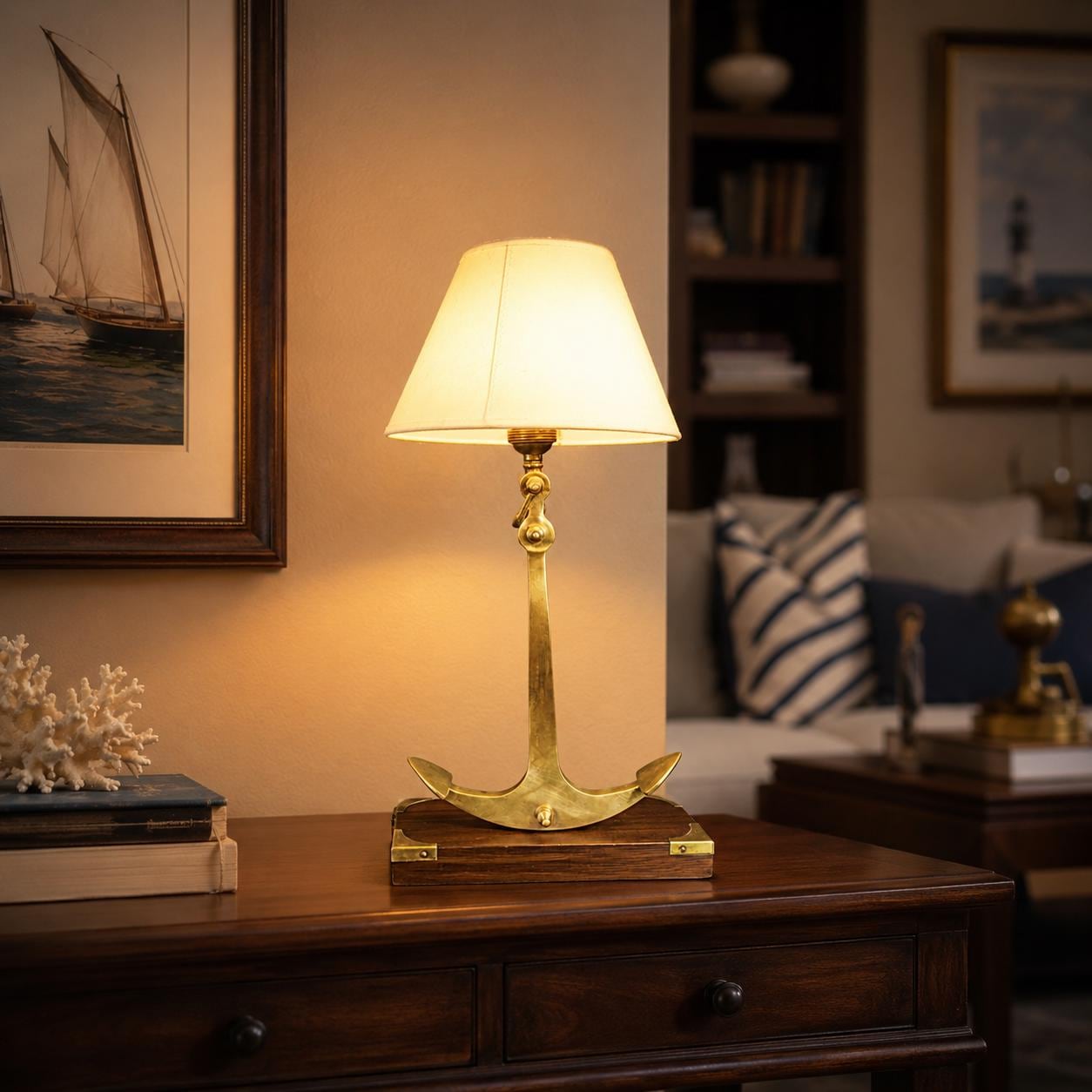 Bronze Anchor Table Lamp, Wood Base with Brass Corner Accents — Nautical Art Deco Style, France, 1960s
