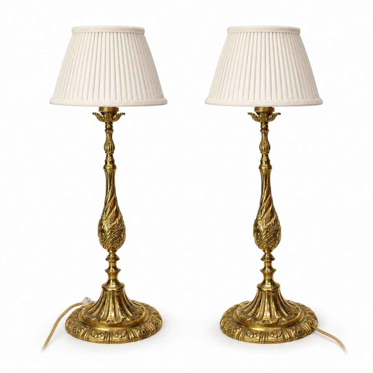 Victorian Style Gilt Brass Candlestick Lamp Pair, Twist-Carved Stem — Mid-20th Century