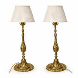 Victorian Style Gilt Brass Candlestick Lamp Pair, Twist-Carved Stem — Mid-20th Century