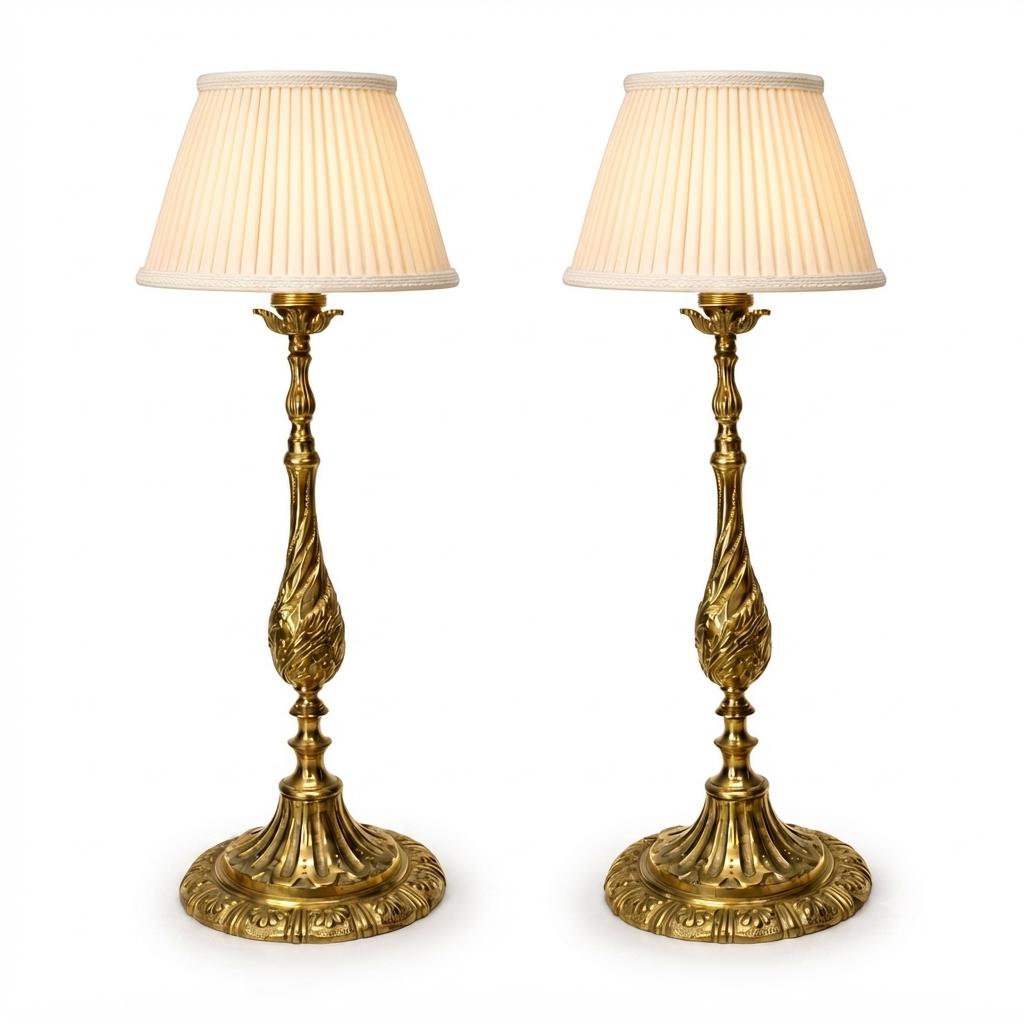 Victorian Style Gilt Brass Candlestick Lamp Pair, Twist-Carved Stem — Mid-20th Century