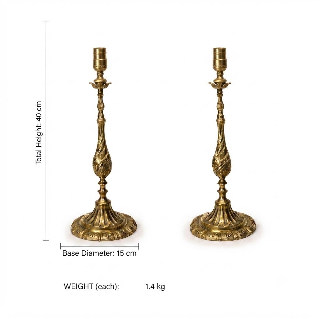 Victorian Style Gilt Brass Candlestick Lamp Pair, Twist-Carved Stem — Mid-20th Century