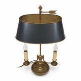 Bronze Two-Arm Bouillotte Lamp, Black Tole Shade with Arrow Finial — Empire Style, France