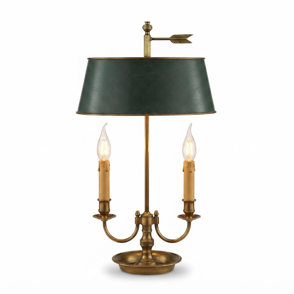 Bronze Two-Arm Bouillotte Lamp, Black Tole Shade with Arrow Finial — Empire Style, France