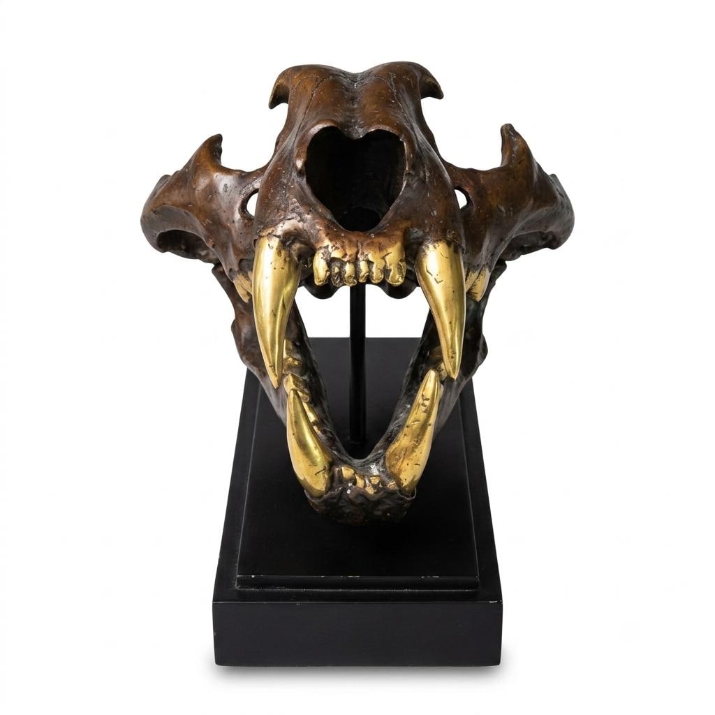 Bronze-Finished Big Cat Skull Sculpture, Gothic Decor Piece