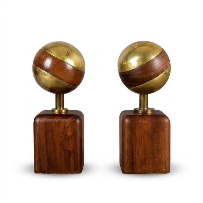 Brutalist Brass and Wood Sculpture Pair, Signed Ardisur — Spain, 1970s