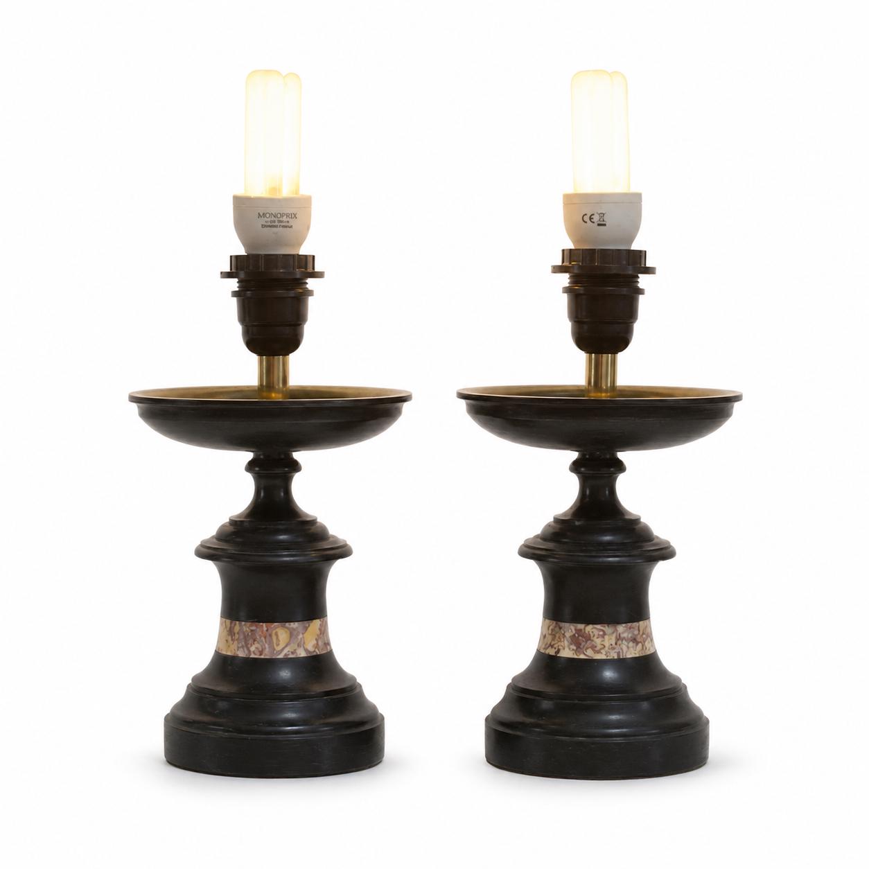 Pair of Black Marble Cassolette Lamp Bases with Inset Marble Band — French, 19th Century