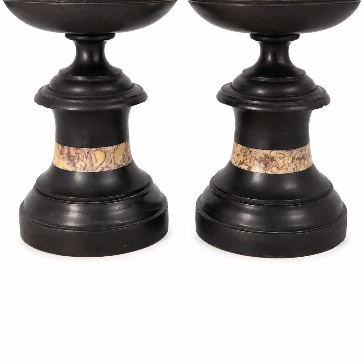 Pair of Black Marble Cassolette Lamp Bases with Inset Marble Band — French, 19th Century