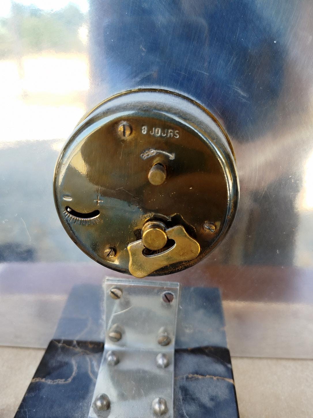 Art Deco Mantel Clock with Greyhound Figure, Marble Onyx and Régule Clock, 8-Day Mechanical Movement