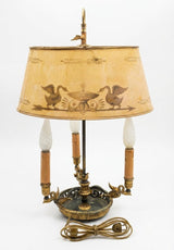 Antique Empire Style Bouillotte Lamp, Painted Tole Shade with Swan Motif, Three-Light Swan Base