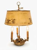 Antique Empire Style Bouillotte Lamp, Painted Tole Shade with Swan Motif, Three-Light Swan Base