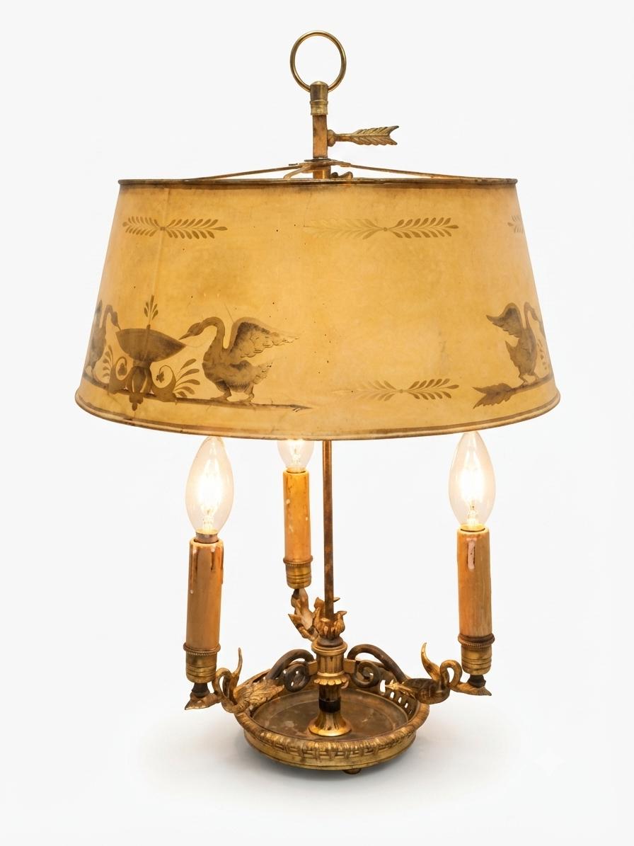 Antique Empire Style Bouillotte Lamp, Painted Tole Shade with Swan Motif, Three-Light Swan Base