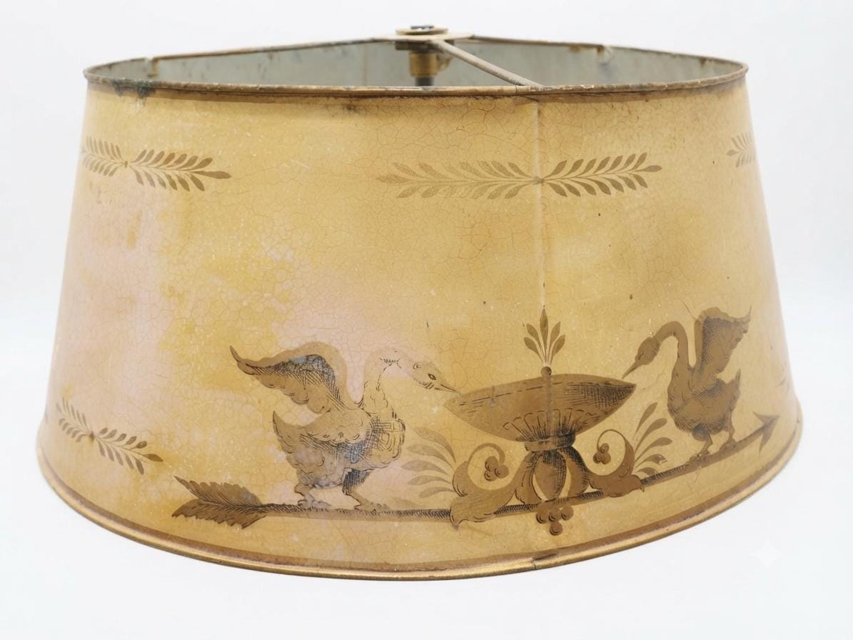 Antique Empire Style Bouillotte Lamp, Painted Tole Shade with Swan Motif, Three-Light Swan Base