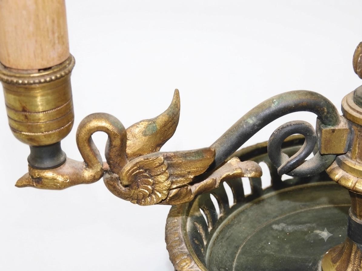 Antique Empire Style Bouillotte Lamp, Painted Tole Shade with Swan Motif, Three-Light Swan Base