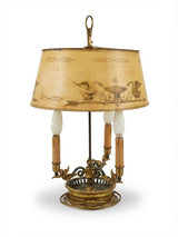 Antique Empire Style Bouillotte Lamp, Painted Tole Shade with Swan Motif, Three-Light Swan Base