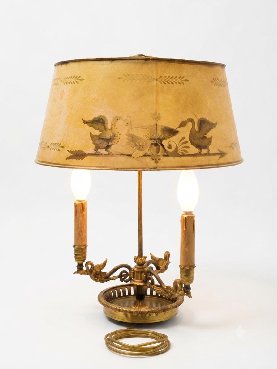 Antique Empire Style Bouillotte Lamp, Painted Tole Shade with Swan Motif, Three-Light Swan Base